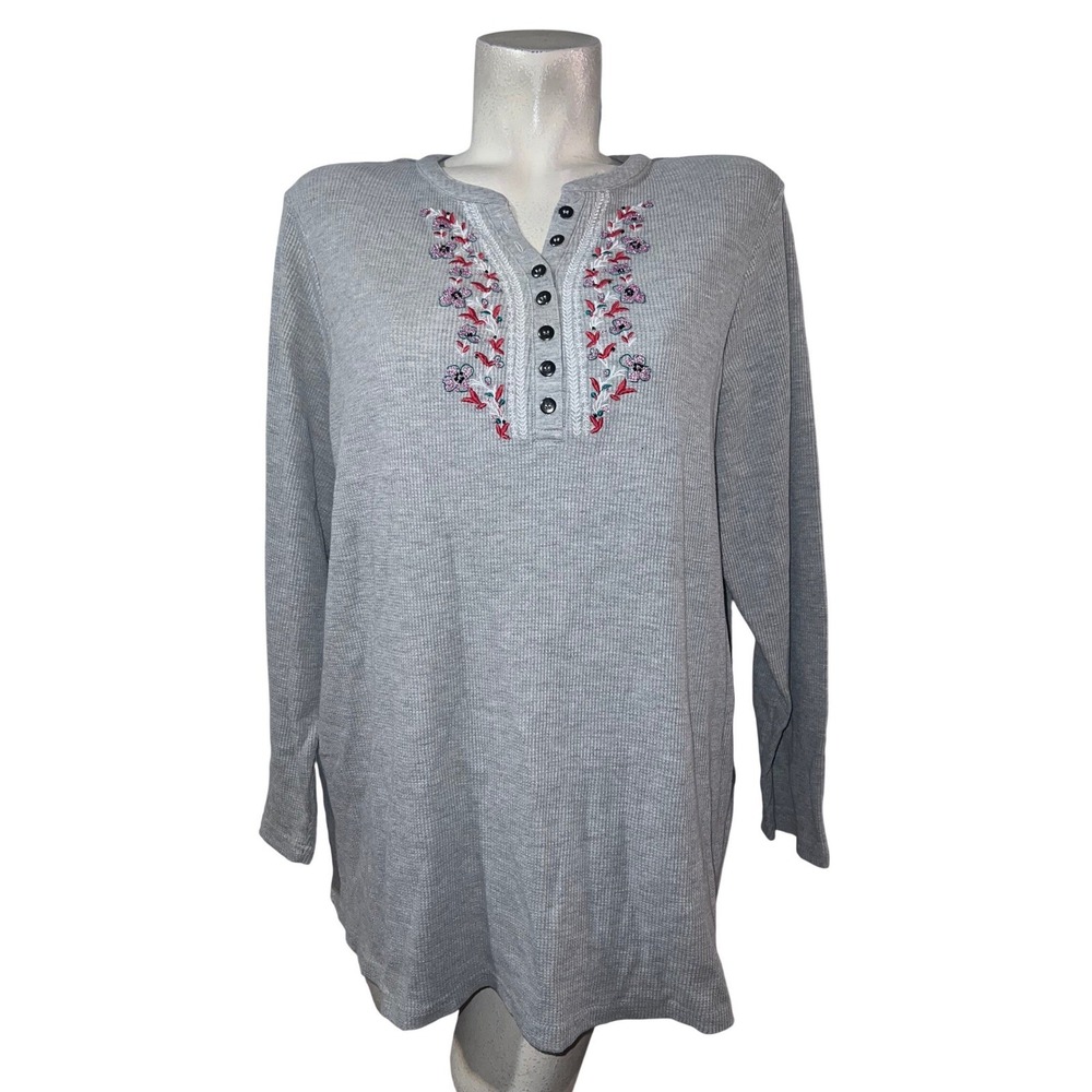 Woman Within Top Gray Waffle Knit Floral Embroidered Henley LS Tunic Plus Sz 1X